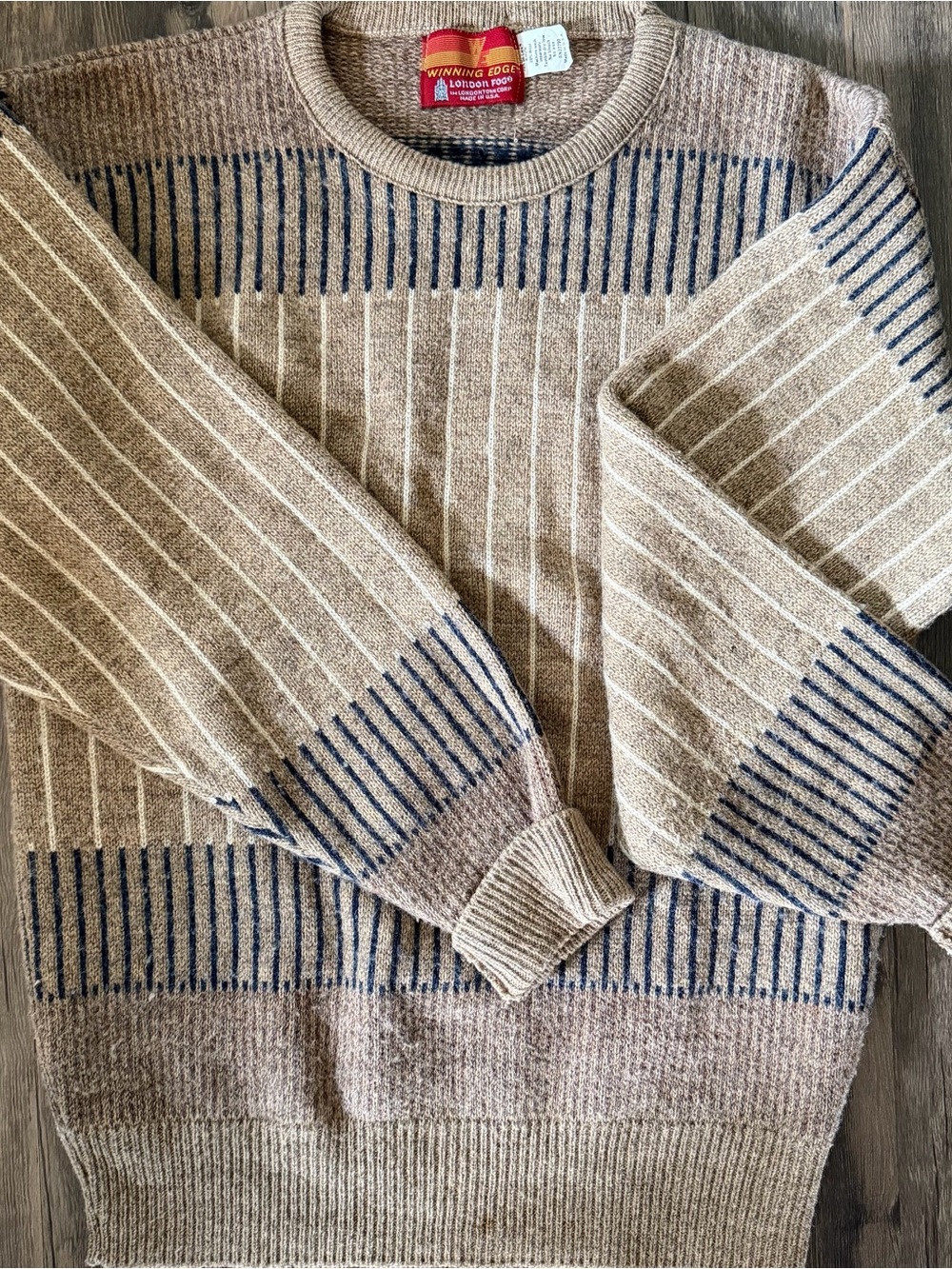 London Fog Beige Crewneck Sweater with Blue Stripe Detail